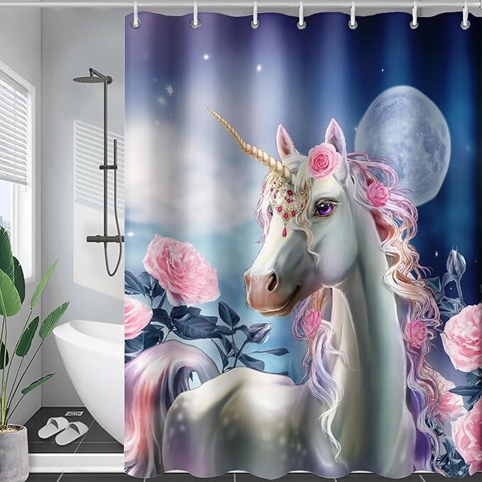 AILONEN Dreamy Unicorn Shower Curtain, Oil Painting Rose Waterproof Shower Curtain,3D Moon and Stars Girls Cloth Bath Curtain Set for Kids Teens Adults,72" W*78" H