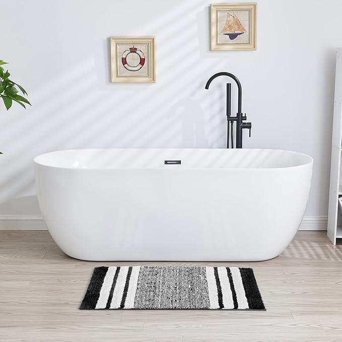 CozeCube Black Striped Bath mats for Bathroom Non Slip, Fluffy Absorbent Microfiber Bath mat Washable, Aesthetic Bathroom Rugs, Large Bath mat for Sink, 36" x 24"