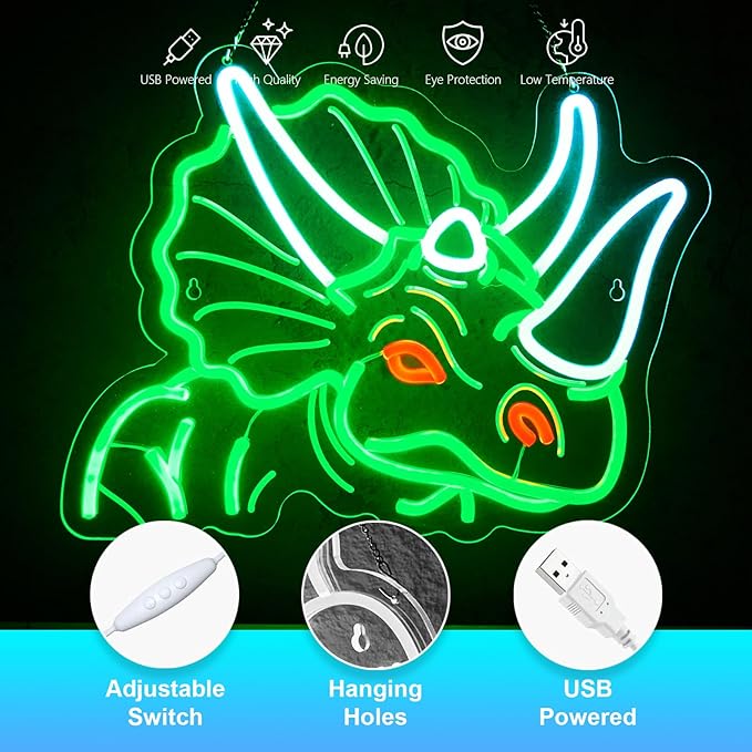 Dinosaur Neon Sign Triceratops Neon Sign for Wall Decor Dino USB Dimmable Neon Light Sign for Boys Girls Room Gameroom Holiday Birthday Christmas Gift