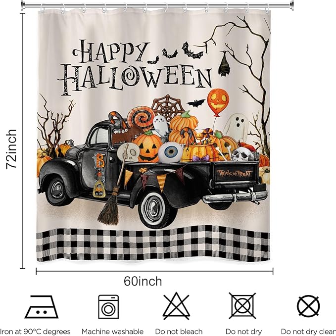 Halloween Truck Shower Curtain 60Wx72L Inch Pumpkin Horror Spooky Scary Skull Ghost Farmhouse Buffalo Bathroom Set Accessories Decor Polyester Waterproof with 12 Pack Hooks