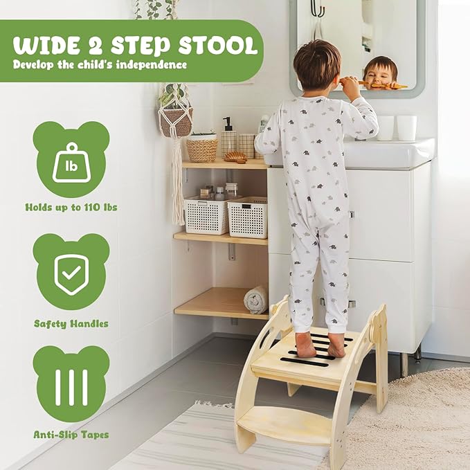 Foldable Step Stool for Toddlers, Kids Stool with 14.9-Inch Wide Step, Safety Handles, Anti-Slip Strips, Toddler Step Stool for Bathroom Sink, Toilet, Kitchen Wooden 2 Step Stool