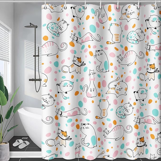 AILONEN Cat Shower Curtain,Cute Cat Bath Curtain,Pet Cat Kitten Bathroom Curtain Decor,Cartoon Animal Polyester Waterproof 72" W*84" H Shower Curtain for Boys Girls (12 Hooks)