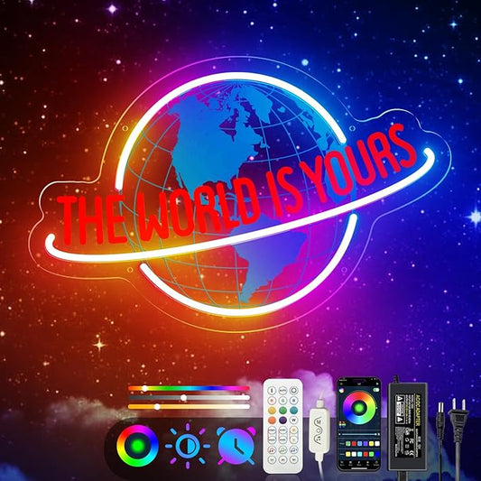 The World is Yours Neon Sign, Remote Planet LED Neon Light Lamp for Wall Decor, USB Power for Man Cave Home Bar Bistro Club Cafe Wedding Game Room Bedroom Birthday Gift Graduation Party (Multicolor)