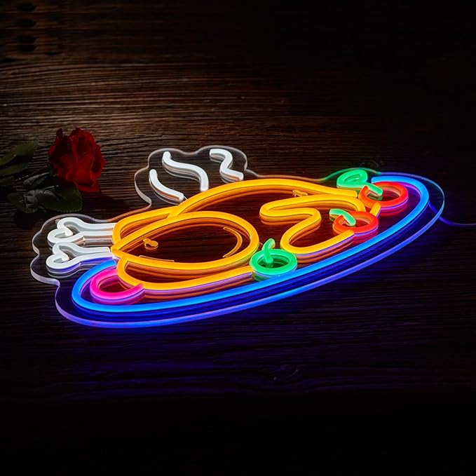 Grilled Chicken Neon Sign for Wall Décor Dimmable Roast Chicken Shop LED Light USB Powered Flame Neon Art Signs Decor