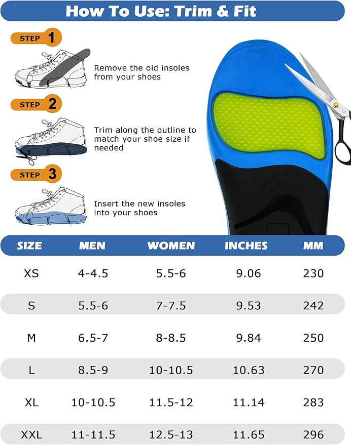 Plantar Fasciitis Insoles Men Women 220+ lbs Heavy Duty Support High Arch Orthotics Inserts for Flat Feet Work Boot Shoes Insoles,Trim to Fit,1 Pair(Men 4-4.5/Women 5.5-6)