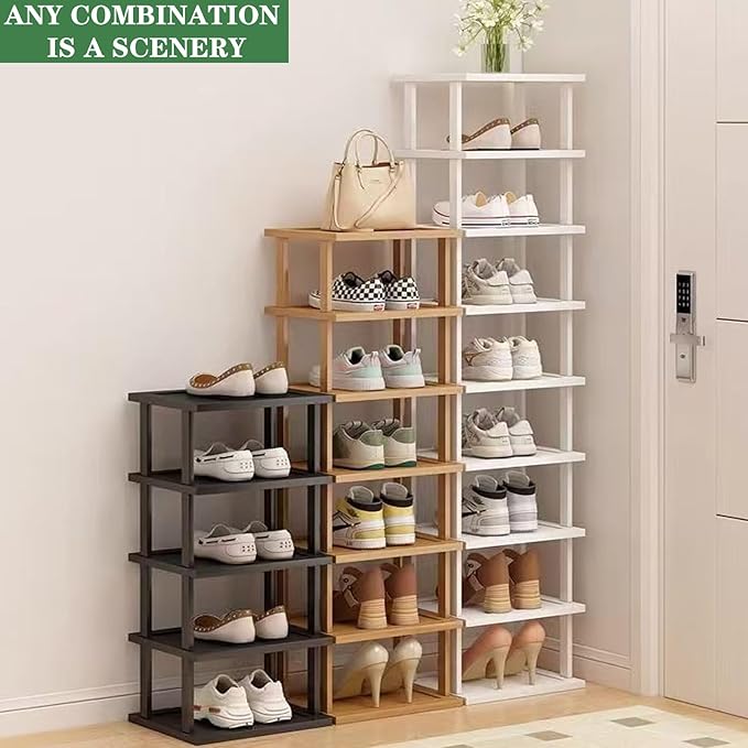 Bamboo Shoe Rack 5Tier- Vertical White Shoe Rack for Small Spaces, Tall Narrow Shoe Rack Organizer for Closet Entryway Corner Garage and Bedroom,Skinny Shoe Shelf with Free Stackable DIY