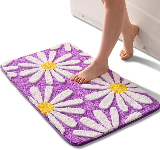 QJHOMO Purple Bathroom Rugs Cute Daisy Bath Mat White and Yellow Flower Decor Rug Non Slip Floor Carpet Microfiber Bathmat Super Absorbent Machine Washable Bathtub Mats for Shower (16x24 inch)