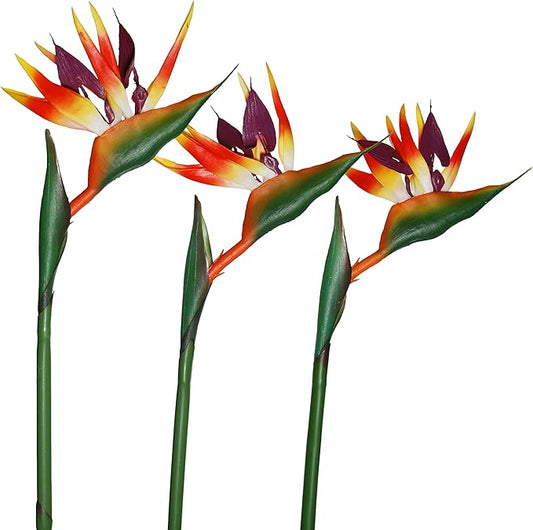 Bird of Paradise Artificial Flowers Rubber Strelitzia 32'in Long Stem Flower 3 Pcs,Suitable for DIY Home Decoration Party Theme Display (Orange red)
