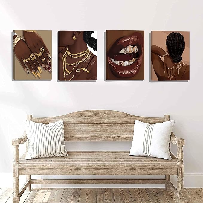 Black Woman Framed Canvas Art Printing,Boho Black Female Wall Art,Black Girl Art Poster,Abstract African American Woman Wall Art Decor for Home Bedroom - Set of 4 (8"X10",Built-in frame)