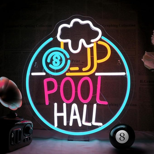 Pool Hall Beer Neon Sign LED Light Sign Wall Decor for Pool Hall, Game Rooms, Bars, Basements & Man Caves USB Powered, Adjustable Brightness Billiards Themed Lighting