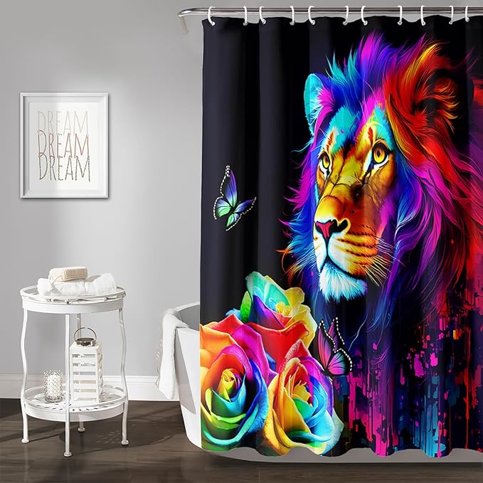 AILONEN Colorful Lion Shower Curtain for Kids Boys Teens,Rose Flower Graffiti Lion Bath Curtain for Bathroom Decor,Romantic Polyester Waterproof with 12 Plastic Hooks 48" W*72" H