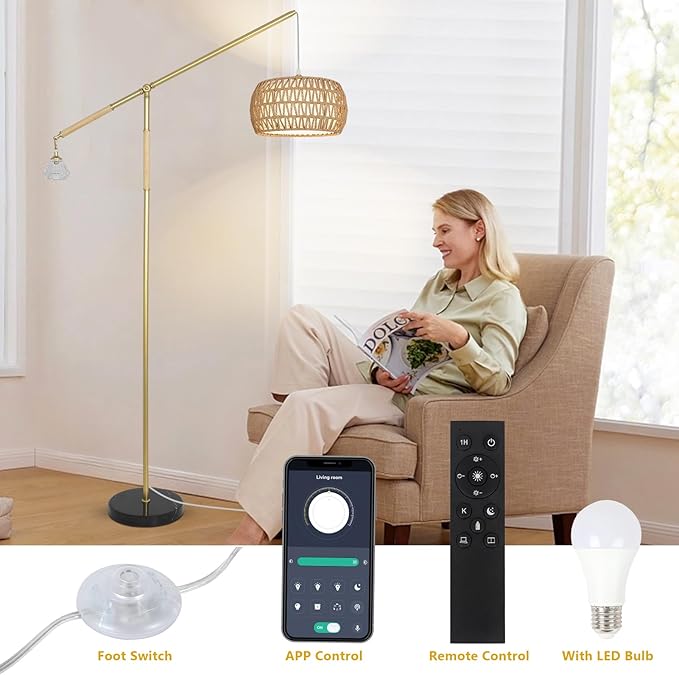 Gold Floor Lamp with 3 Color Temperatures, Floor Lamps for Living Room with Remote and LED Dimmable Bulb, Farmhouse Arc Standing Lamp, Rattan Floor Lamp for Bedroom, Adjustable Over Couch Tall Lamp