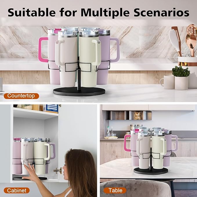 Water Bottle Organizer for Stanley 40 oz, Rotating Stanley Cup Organizer Holder, Tumbler Organizer Holder, Stanley Cup Accessories, Easy to Install, Black（Patented Product）