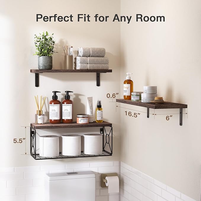 Amada Bathroom Shelves Over Toilet with Storage Basket, Floating Bathroom Wall Shelves for Home Organization & Wall Decor, Bathroom/Kitchen/Living Room Shelves–Rustic Brown