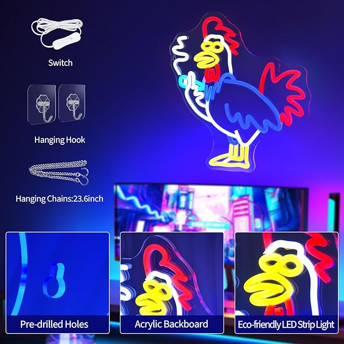 Rooster Neon Signs for Wall Decor LED Light Sign for Room Decor Aesthetics Light Up Sign for Birthday Party Decoration Aesthetics USB Powered