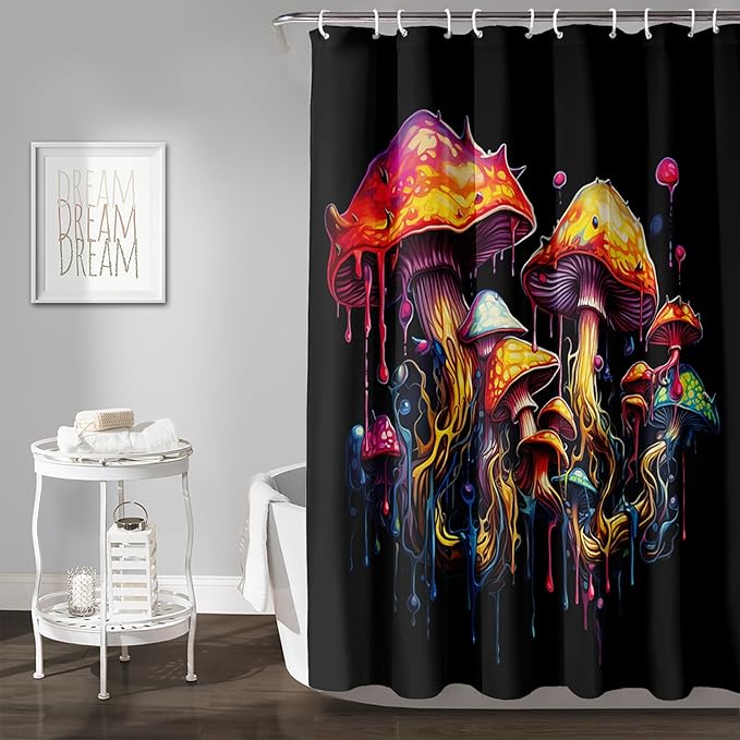 AILONEN Mushroom Shower Curtain,Oil Painting Mushroom Bath Curtain,Cartoon Mushroom Magic Fungus Print Black Waterproof Shower Curtain with 12 Plastic Hooks, 72" W x 78" H