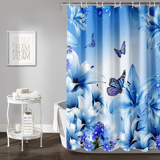 AILONEN Girls Butterfly Shower Curtain for Bathroom,Modern Botanical Floral Tulip Lily Flower Blue Butterfly Decor Bath Curtain 72" W*78" H Polyester Fabric Waterproof Bathroom Curtain with 12 Hooks
