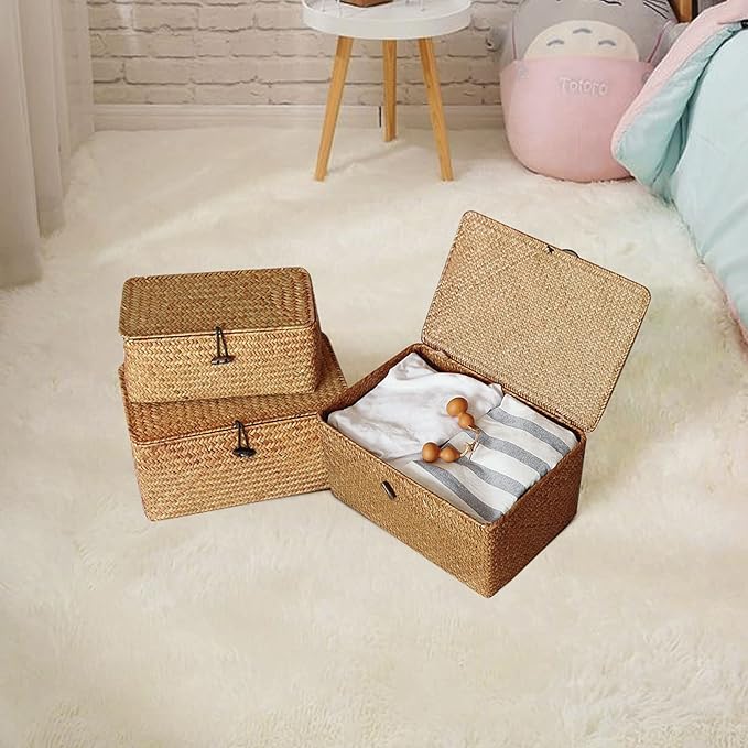 Wicker Storage Basket with Lid, Seagrass Storage Bins with Lids, Rectangular Handwoven Shelf Baskets with Lid for Home Organizer, Rattan Decorative Box for Clothes, Groceries, Snacks (L)
