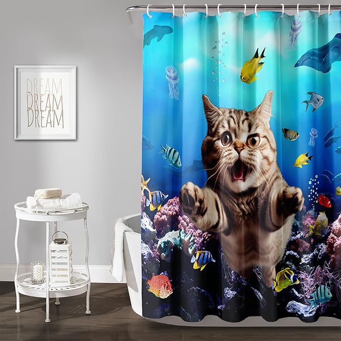 AILONEN 3D Swimming Cat Shower Curtain Set,Coral Bath Curtain for Kids Girls Boys,Sea Animals Ocean Theme Shower Curtain,Cat Lovers Animal Shower Curtains for Bathroom Decor, 72" W*84" H
