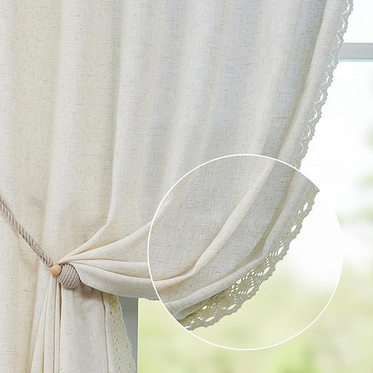 jinchan Linen Light Filtering Curtains 50W x 96L Inch Ecru for Living Room Farmhouse Boho Laced Curtains Back Tab Rod Pocket Drapes 2-Panel Set