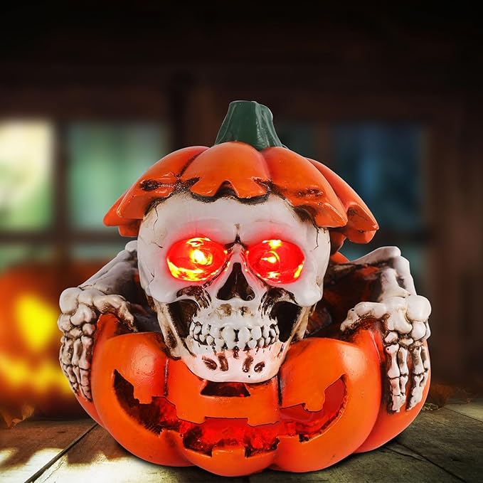 Halloween Skull Pumpkin Decor - Solar Powered Resin Skull & Pumpkin, Unique Garden Decor for Outside Yard Porch Lawn, Halloween Decorations Outdoor/Indoor
