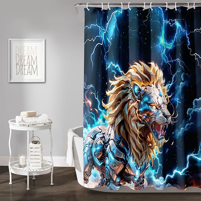 AILONEN Lion Shower Curtain,Evening Lightning Howling Lion Bath Curtain,Fierce Lion Bathroom Curtain Decor,Safari Animal Polyester Waterproof 48" W*72" H Shower Curtain (12 Hooks)