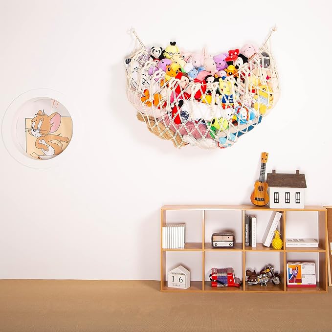 Stuffed Animal Net or Hammock Wall Hanging Net for Stuffed Animal Storage Macrame Toy Display Plush Toy Holder Soft Toy Organizer for Nursery Baby Bedroom Playroom-Cream