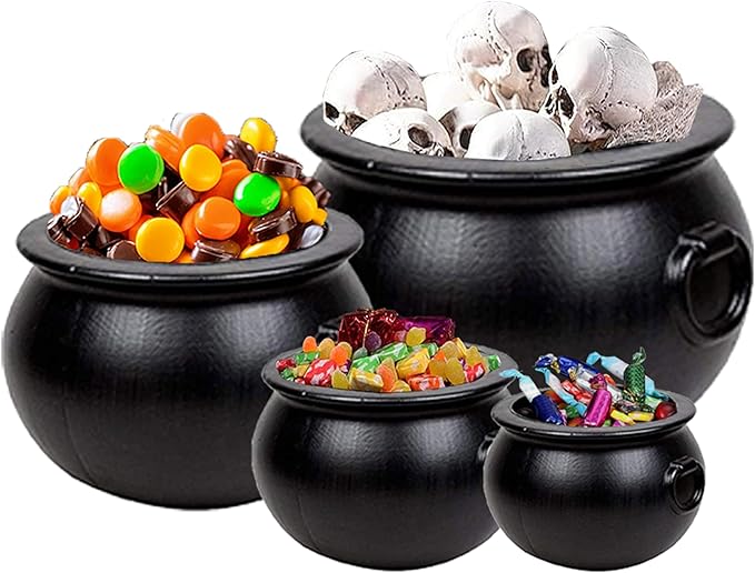 PMU 4 Pc 16" 12" 8" 6" Inch Halloween Black Cauldron Kettle, Halloween Black Plastic Witch Cauldron Kettle, Halloween Party Decorations, Halloween Decorations Indoor & Outdoor