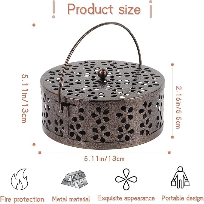 Portable Iron Mosquito Coil Holder with Handle Round Heat-Resistant Incense Holder for Home Office Camping (Bronze, 2Pack)