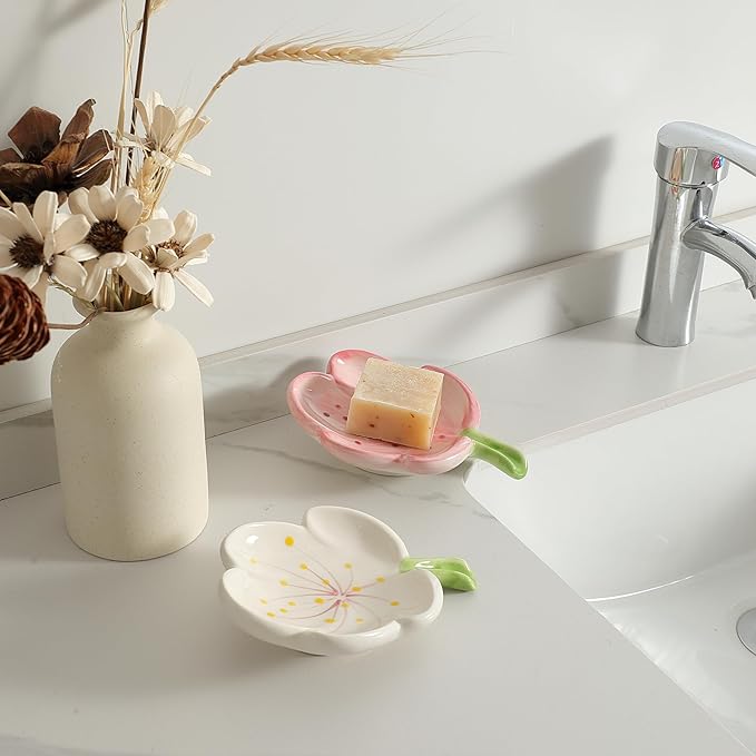 Ankah Decorative Ceramic Soap Box, Flower Shape Soap Dish, Self-Draining to Keep Dry Stop Mushy Soap Holder, Easy Cleaning, Best for Shower Bathroom and Kitchen (Tulip, Pink)