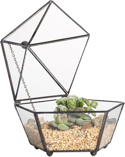 NCYP Small Glass Geometric Terrarium, Closed Jewel-Boxed Shape Container, Plant Succulent Planter, Indoor Outdoor Garden Decor Flower Pot Handmade (Terrarium Only)