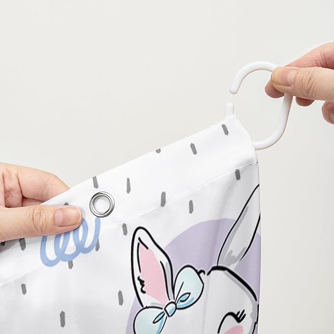 AILONEN Cute Rabbit Shower Curtain, Cartoon Kawaii Bunny Shower Curtain for Bathroom,Modern Minimalist White Waterproof Fabric Shower Curtain Set with Hooks 60" W*72" H