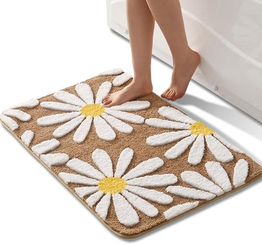 QJHOMO Brown Bathroom Rugs Cute Daisy Bath Mat White and Yellow Flower Decor Rug Non Slip Floor Carpet Microfiber Bathmat Super Absorbent Machine Washable Bathtub Mats for Shower (24x36 inch)