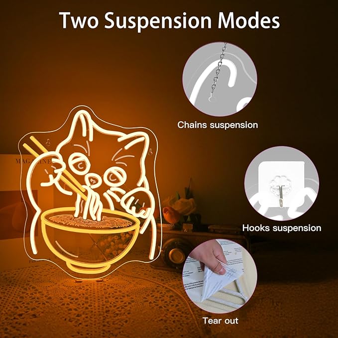 Ramen Cat Neon Sign Wall Decor, Cat Noodles Led Food Sign Dimmable Noodle Anime Fortune Cat Light Up Suitable For Baby Girls Room Japanese Resturant Home Bar Kitchen Dinning Bedroom Art Decor Gifts