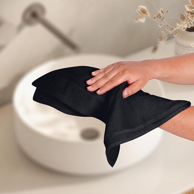 BOUTIQUO Ultra Soft 6-Piece Hand Towel Set 16x28-100% Ringspun Cotton - Durable & Highly Absorbent Hand Towels - Ideal for use in Bathroom, Kitchen, Gym, Spa & General Cleaning - Black