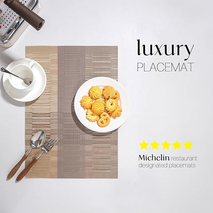 LEXMORE PlaceMats Set of 12 Vinyl/Plastic Woven Place Mats for Kitchen Table Indoor/Outdoor Washable PlaceMat Wipeable Dining Table Mats(Gold Dune)
