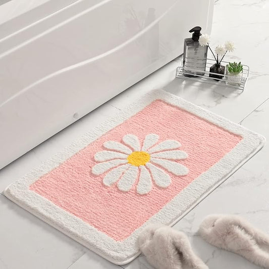 Fluffy Soft Superfine Fiber Bath Mat, White Flower - Non Slip Machine Wash Plus Mats (20x32, Pink)