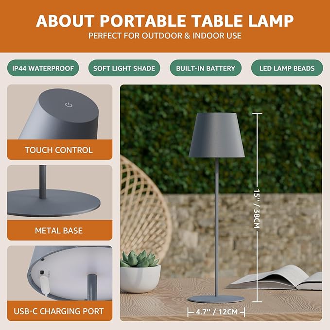 uuffoo 1 Pack Cordless Rechargeable Table Lamps, 5200mAh Battery Powered Outdoor Table Lamps with 3 Colors Stepless Dimming, Desk Night Light for Restaurant, Patio, Bedroom, Bar (Gray)