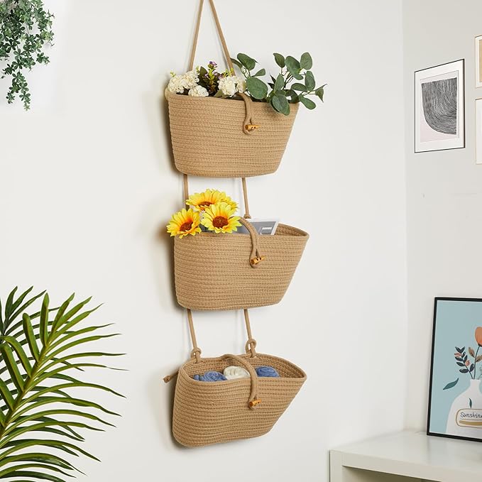 DULLEMELO Hanging Baskets for Organizing, Jute 3-Tier Woven Hanging Wall Baskets for Storage, Decorative Hanging Storage Basket with Button Strap,Over The Door Basket with Door Hooks