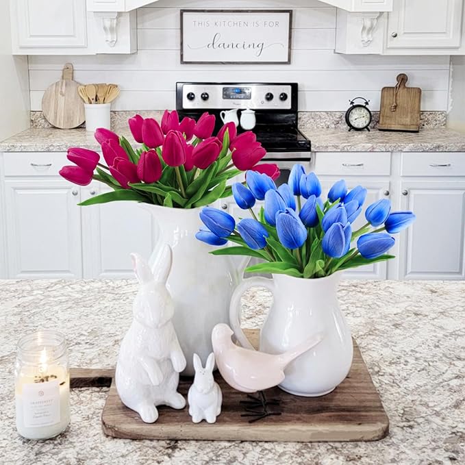 Beferr 18pcs Tulips Artificial Flowers Faux Tulip Real Touch Fake Flowers Bouquets Arrangements for Mothers Day Easter Spring Flowers Gifts Home Table Decor Blue
