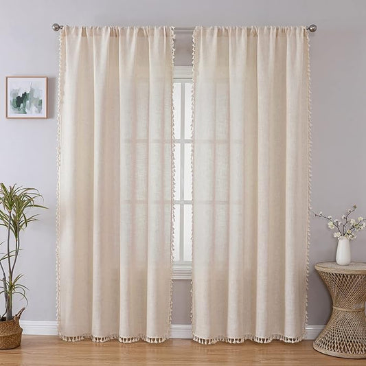 Joydeco Linen Boho Curtains 63 Inch Length 2 Panels, Super Soft Bohemian Farmhouse Curtains with Tassels, Semi Sheer Light Filtering Drapes for Bedroom Living Room (Rod Pocket, 52Wx63L)