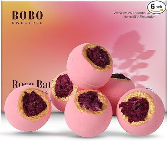 Bath Bombs for Women, 6 Fizzies Luxury Large Size with Real Flowers and Natural Organic Essential Oil, Self Care Gifts for Women, Mon, Daughter, Girlfriend, Kids,Pack of 6 (Rose)