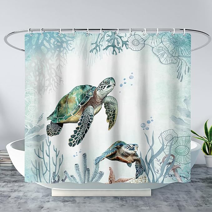 AILONEN Sea Turtle Shower Curtain for Bathroom Teal Blue Ocean Beach Coastal Bath Curtain Decor 60" W*72" H Polyester Fabric Waterproof Bathroom Curtain with 12 Hooks