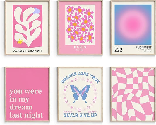 Habseligkeit Pink Wall Art Prints, Gradient Wall Posters, Buttefly Wall Art, Pink Room Decor for Grils Aesthetic Bedroom 8x10inch, Unframed, Set of 6