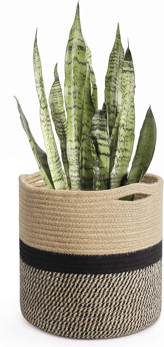 TIMEYARD Sturdy Jute Rope Plant Basket Modern Woven Baskets for 10" Flower Pot Floor Indoor Planters, 11” x 11” Storage Organizer Basket Rustic Home Decor, Black and Beige Stripes