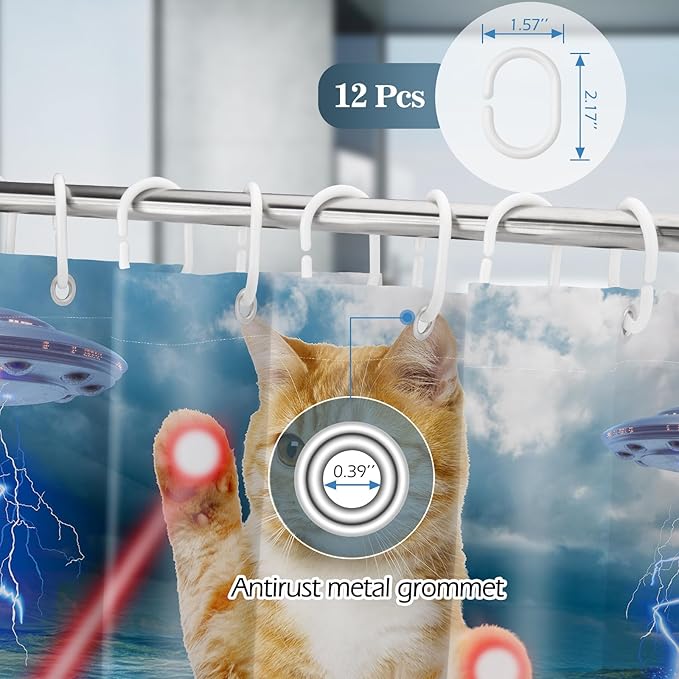 Funny Cat Shower Curtains for Bathroom - Cute Cool Ocean Cat with Weird Adults Beach UFO Fun Bath Shower Curtain Set with 12 Hooks for Adults Kids Bathroom Decor Accessories, 72"x72"