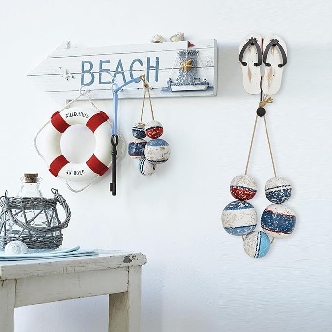Morning View Buoy Decor Nautical Decor Wood Fishing Floats Decor for Home Coastal Wall Decor Hanging Decorative Boat Floats Wall Art Beach House Decor Nautical Ball with Rope Bathroom Decor 9 Inch