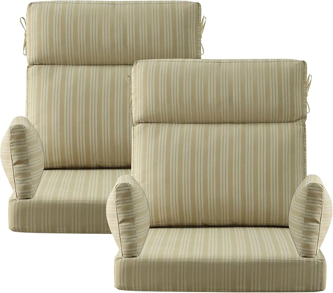Outdoor High Back Chair Cushion, 2 Pack 48 x 24 inches Patio Chair Cushions Water Repellent Rocking Cushions Indoor Furniture Seat Pad with 2 Pillows, Beige Brown Stripe