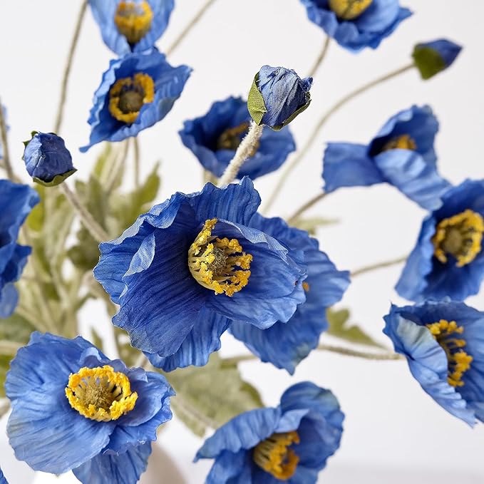 Dark Blue Fake Poppy Stems Flowers for Decoration,6pcs Lifelike Silk Poppy Bouquet for Kitchen Wedding Home Table Cemetery Indoor Outdoor Arrangement