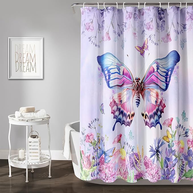 AILONEN Colorful Butterfly Shower Curtain for Girl Women,Purple Flower Beautiful Butterfly Printed Bath Curtain 60" W*72" H Polyester Fabric Waterproof Bathroom Bathtub Curtain with 12 Hooks